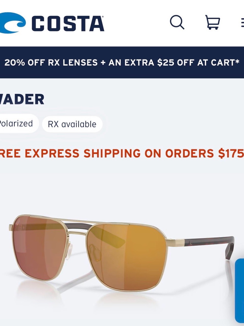 Costa Gold Frame Sunglasses with Amber Mirrored Lenses